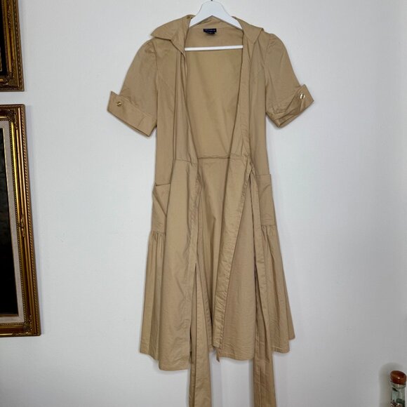 BOSTON PROPER | Khaki Poplin Wrap A-Line Dress - 4 - Picture 3 of 13